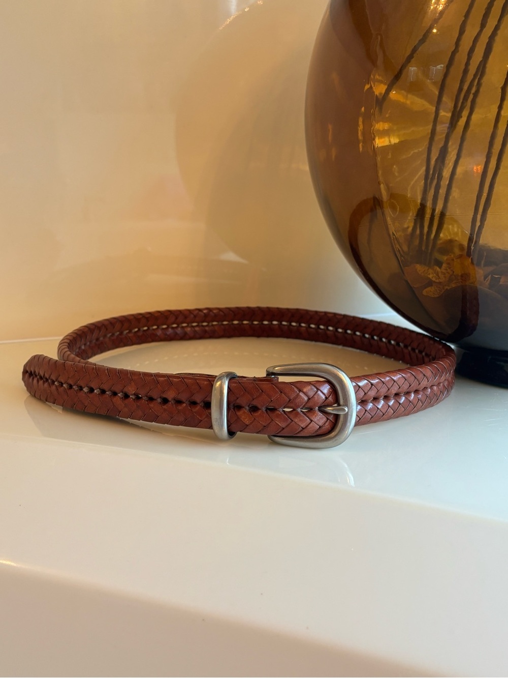 Coach Braided Leather Belt in Chestnut Brown with Silver Buckle-Unisex